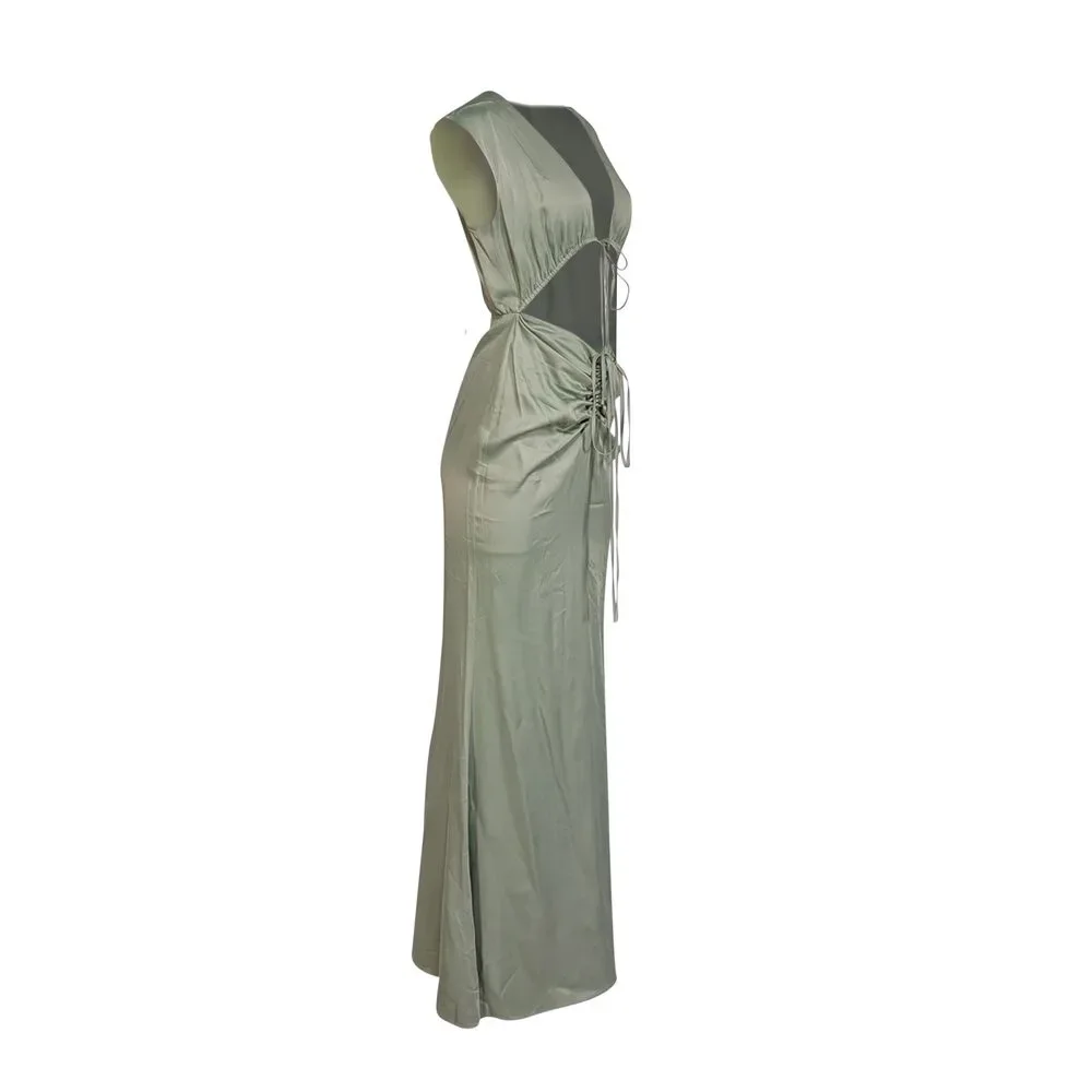 Lapointe - Green Satin Shirred Maxi Dress Sz 6